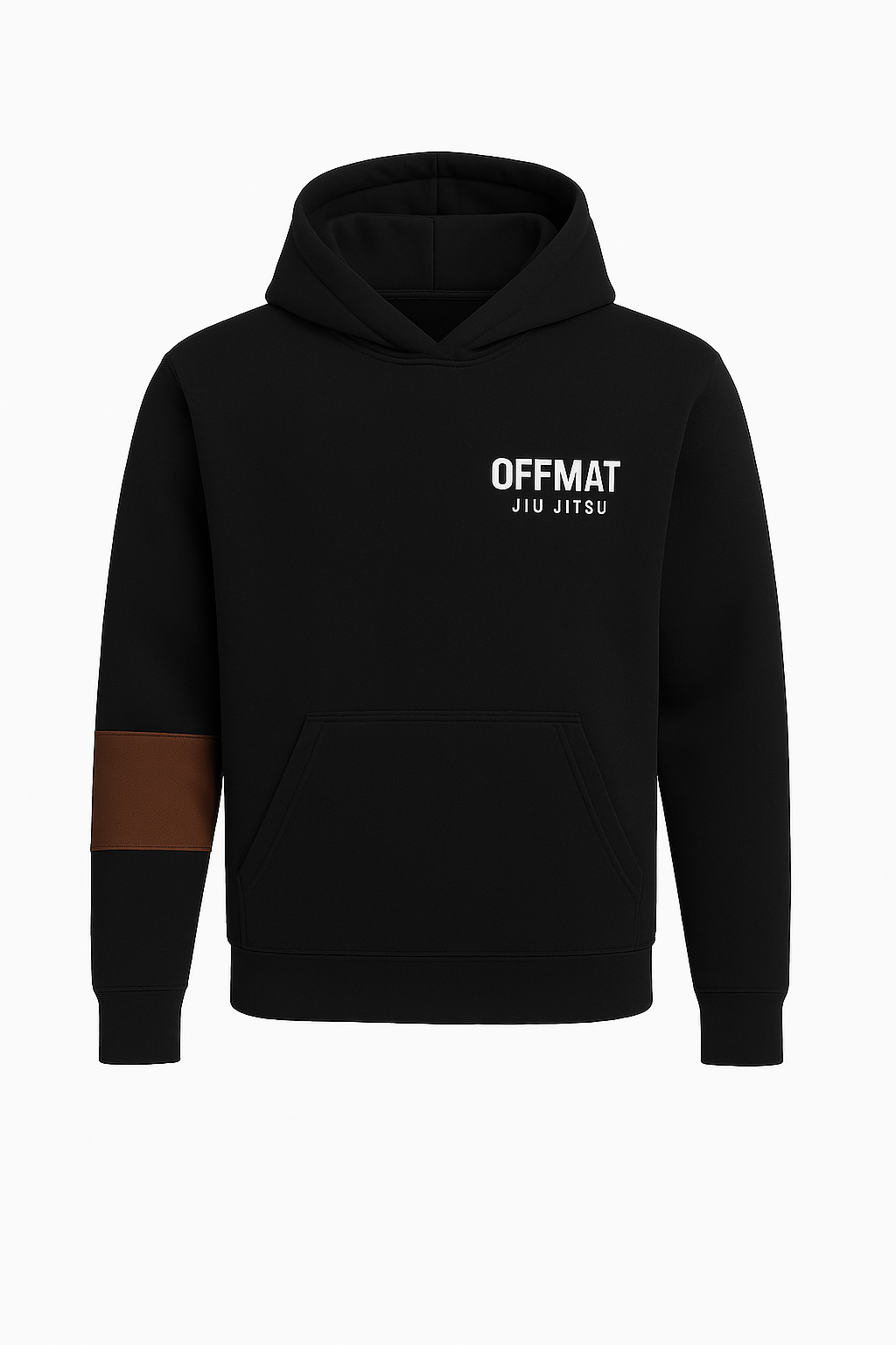 Black hoodie with brown arm patch and 'OFFMAT JIU JITSU' logo on a white background