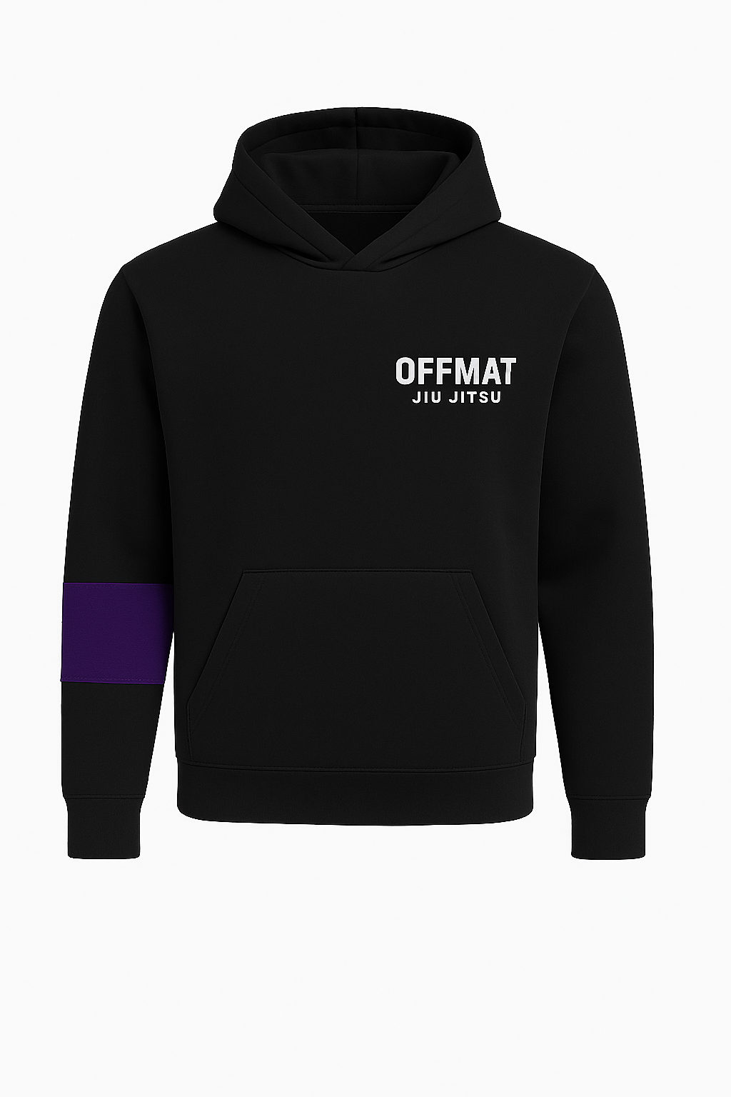 Black hoodie with 'OFFMAT JIU JITSU' text on a white background