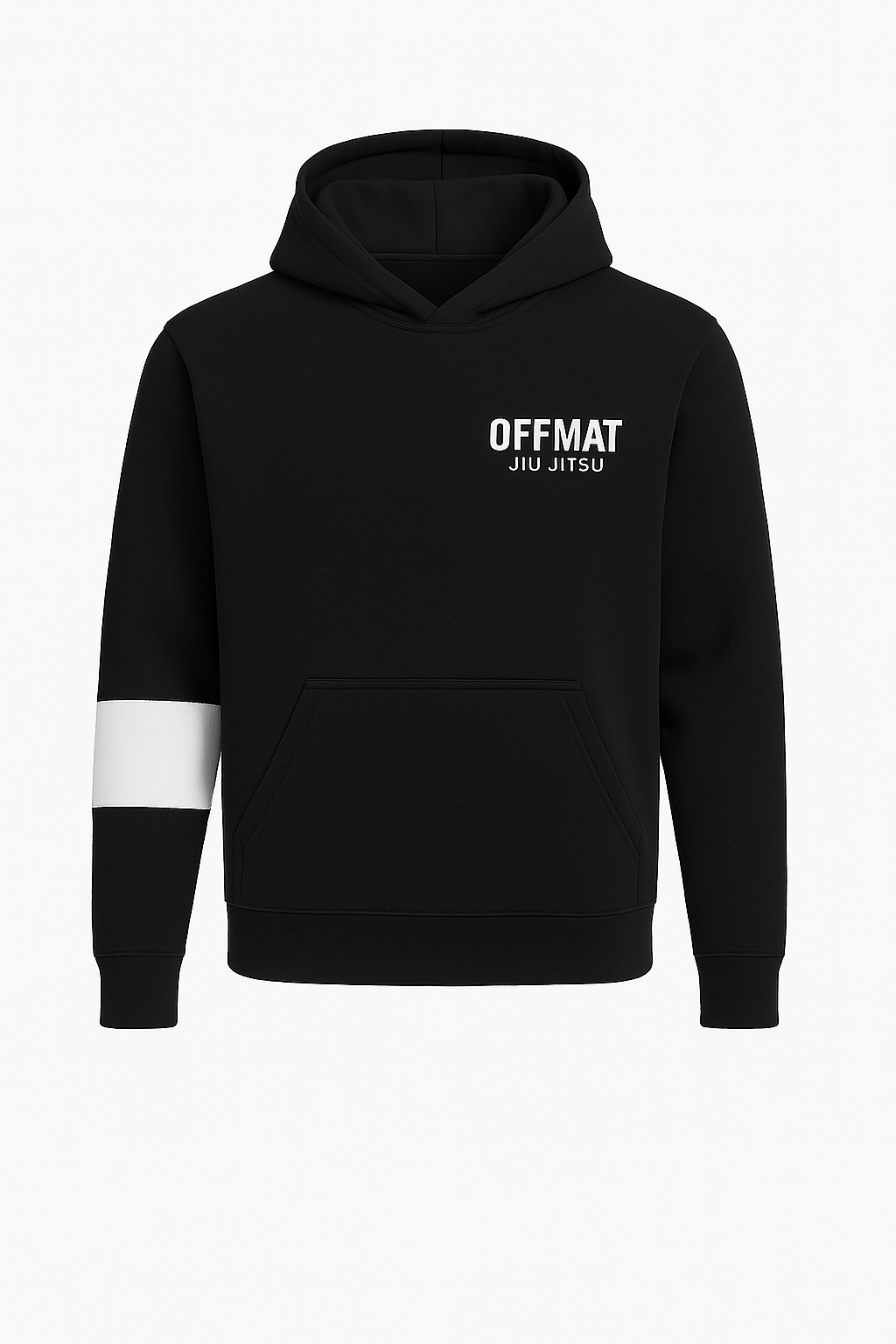 Black hoodie with 'OFFMAT JIU JITSU' text on a white background